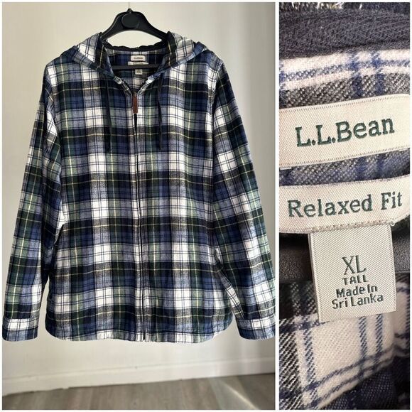 L.L. Bean Hoodie Women's XL Tall Scotch Plaid Flannel Relaxed Fit Full Zip Up Ja - Picture 1 of 5